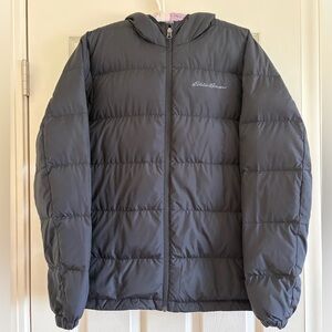 Eddie Bauer 650 Wide Channel Hooded Black Down Puffer Jacket Men Size Medium